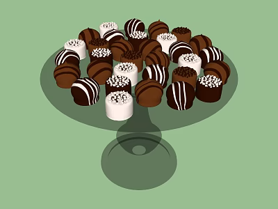 Assorted Chocolates on Glass Pedestal Tray With White and Brown Decorations 3d model