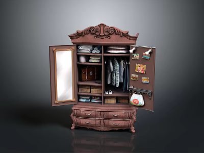 Antique Carved Wooden Wardrobe With Open Doors Mirror Hanging Clothes And Drawers 3d model
