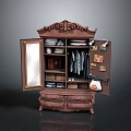 Antique Carved Wooden Wardrobe With Open Doors Mirror Hanging Clothes And Drawers