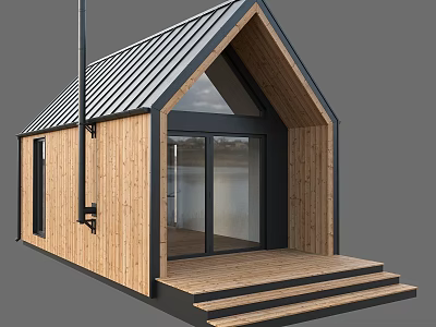 Modern Wooden House With Metal Roof Glass Doors And Wooden Porch Steps 3d model