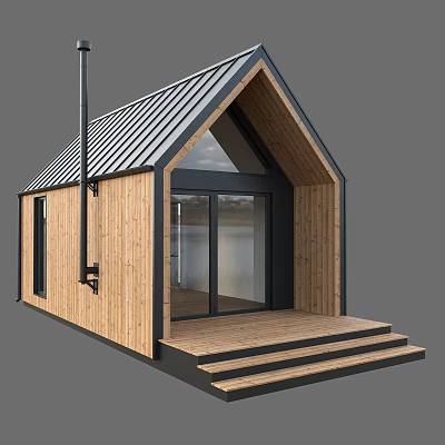 Modern Wooden House With Metal Roof Glass Doors And Wooden Porch Steps 3d model