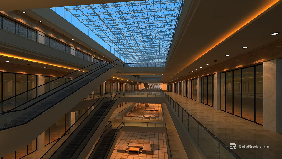 Shopping Mall Atrium Open Space With Glass Skylight Ceiling Escalators Multiple Floors And Warm Lighting 3d model 
