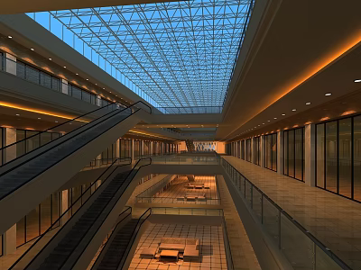 Shopping Mall Atrium Open Space With Glass Skylight Ceiling Escalators Multiple Floors And Warm Lighting 3d model