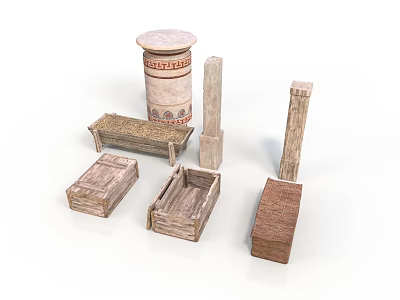 Antique Scenic Components With Carved Columns Wooden Boxes And Pedestals 3d model