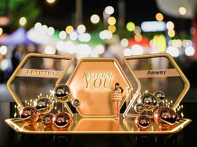 Golden Inflatable Hexagonal Display with Decorative Spheres and Bright Lighting for Night Events 3d model
