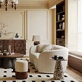 Elegant Living Room Interior With Decorative Paneled Walls Chandelier Fireplace Beige Sofa And Geometric Rug