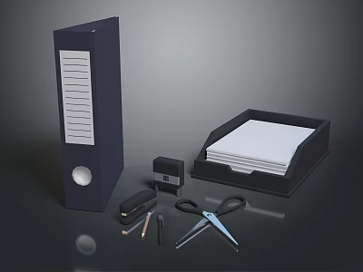 Essential Office Desk Accessories Blue Folder Black Paperclip Holder Tissue Box Scissors Pencils And Pens 3d model
