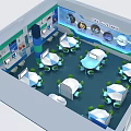 School Modern Classroom With Green Chairs White Tables Ceiling Lights And Large Screen 3d model