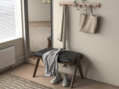 Entryway Wooden Sofa Bench With Gray Blanket And Gray Shoes By Wall Mounted Rack 3d model