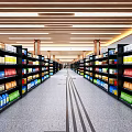 Spacious Aisles With Neat Shelves And Various Products In Modern Supermarket
