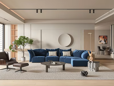 Modern Living Room Interior With Blue Sofa Round Mirror Green Plant Coffee Table And Rug 3d model