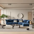 Modern Living Room Interior With Blue Sofa Round Mirror Green Plant Coffee Table And Rug
