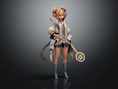 Magical Female Character With Twin Bun Hairstyle Holding Creature Themed Staff And Decorative Leather Boots 3d model