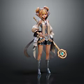 Magical Female Character With Twin Bun Hairstyle Holding Creature Themed Staff And Decorative Leather Boots