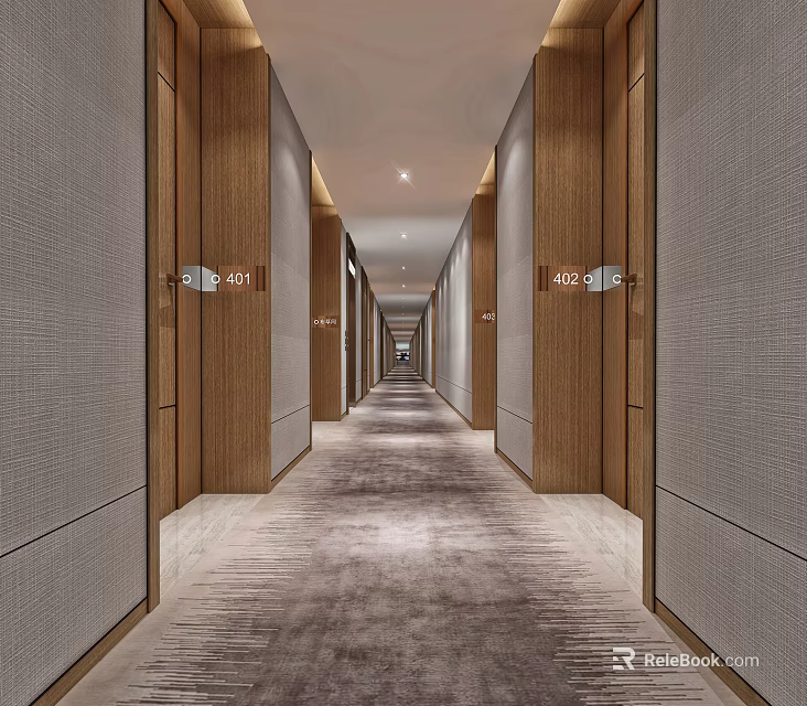 Modern Elevator Corridor With Wooden Walls Carpeted Floor And Room Numbers 3d model 