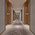 Modern Elevator Corridor With Wooden Walls Carpeted Floor And Room Numbers