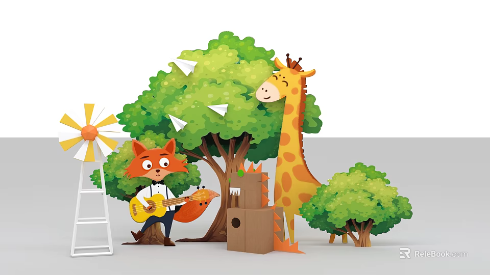Magical Forest Photo Spot With Green Trees Fox Playing Guitar Giraffe Windmill And Paper Planes 3d model 