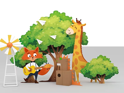 Magical Forest Photo Spot With Green Trees Fox Playing Guitar Giraffe Windmill And Paper Planes 3d model