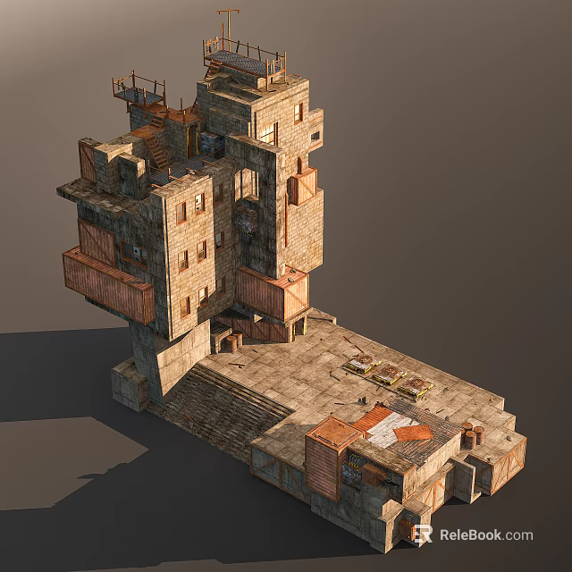 Weathered Multi Level Architectural Components Featuring Brick Structure Wooden Balconies And Staircases 3d model 