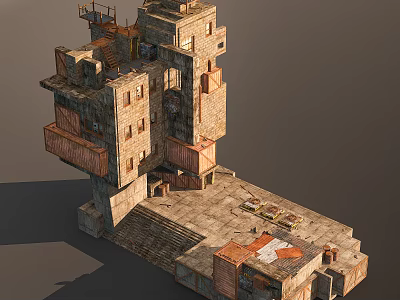 Weathered Multi Level Architectural Components Featuring Brick Structure Wooden Balconies And Staircases 3d model
