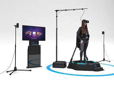 Person Wearing VR Headset On Platform With Display Screen And Surrounding Equipment 3d model
