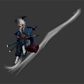 White Haired Game Movie Character In Blue Outfit With Dual Swords And Flowing Dynamic Pose
