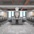 Modern Meeting Room Design With Blue Accent Wall White Long Table And Chairs