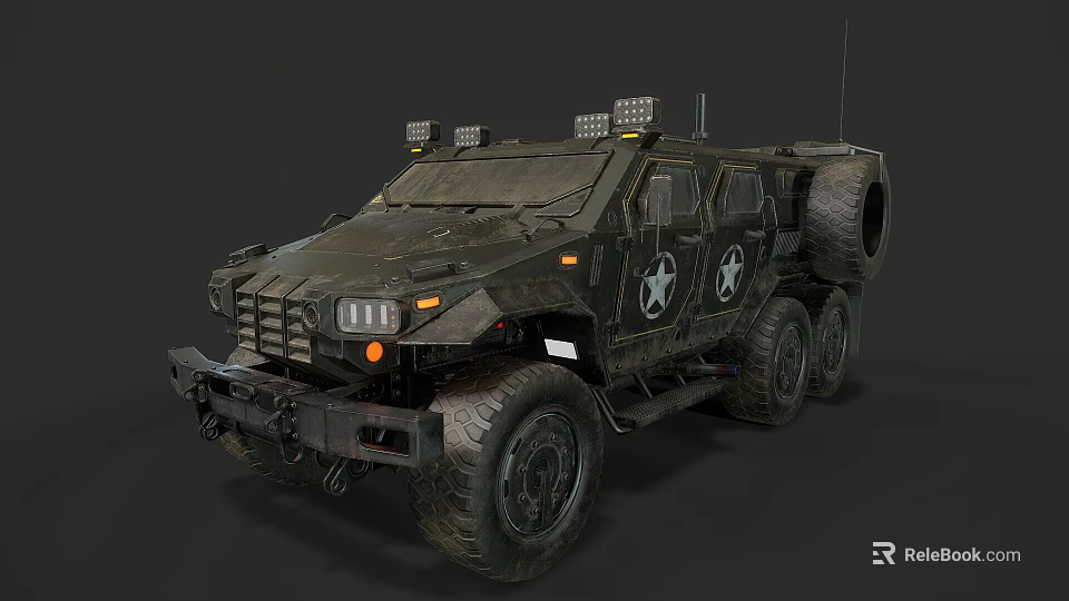 Rugged Military Functional Vehicle with 6x6 Wheels Roof Spotlights and Armored Body 3d model 