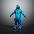 Person In Blue Dinosaur Onesie Costume With Hood Yellow Accents And Paw Shoes 3d model