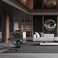 Elegant Modern Living Room With Black Walls Round Mirror Floor Lamp And Marble Coffee Table