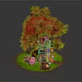 Rustic Outdoor Scene With Green Tree Telescope Target Tools And Circular Grass Base
