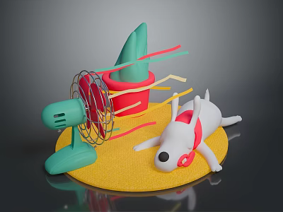 White Dog On Yellow Mat With Red Collar Green Fan Red Pot And Colorful Ribbons 3d model