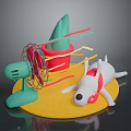 White Dog On Yellow Mat With Red Collar Green Fan Red Pot And Colorful Ribbons