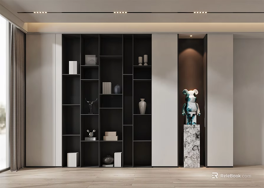 Modern Decorative Cabinet With Multiple Shelves Decorative Items And Green Sculpture On Marble Pedestal 3d model 