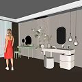 Elegant Modern Dressing Table With White Design Mirror Green Plants And Hanging Lights