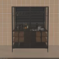Elegant Modern Wine Cabinet With Slatted Doors Wine Bottles Glasses Drawers And Tile Wall