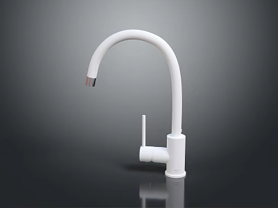 White Kitchen Faucet Design With Curved Spout Control Handle Reflection And Gray Background 3d model