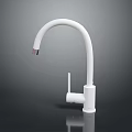 White Kitchen Faucet Design With Curved Spout Control Handle Reflection And Gray Background