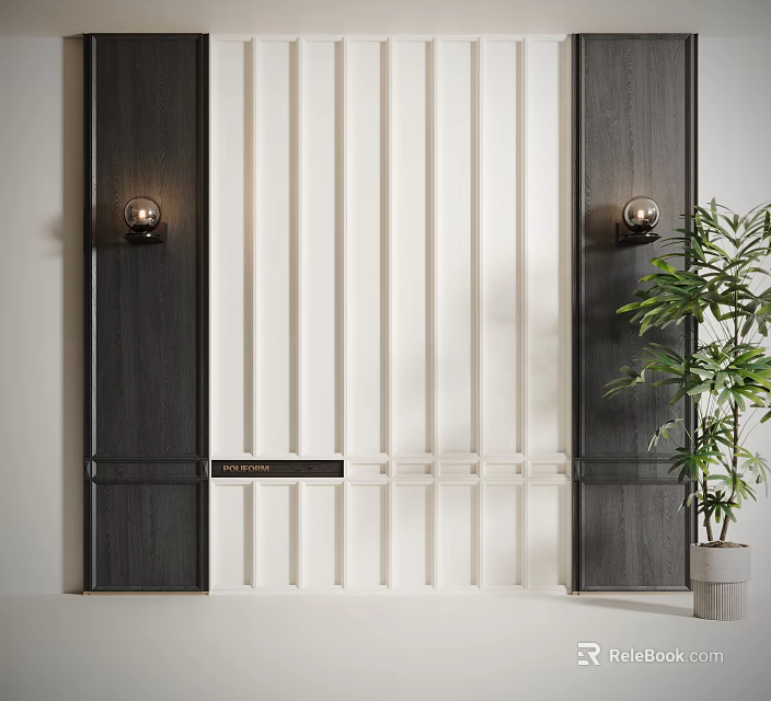 Modern Black And White Wooden Wall Panels With Wall Lamps And Green Plant Interior 3d model 