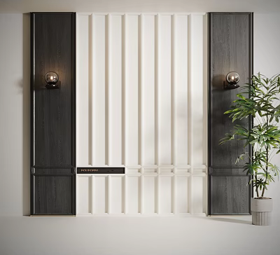Modern Black And White Wooden Wall Panels With Wall Lamps And Green Plant Interior 3d model
