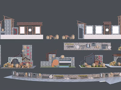 Traditional Modern Building Exterior Wall Design With Stone Wooden Windows And Decorative Elements 3d model