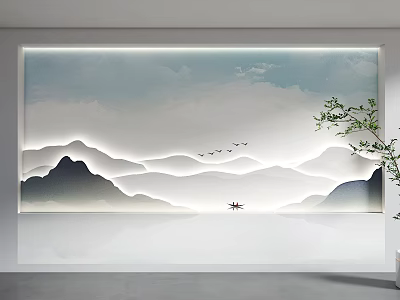 Chinese Style Sofa Background Wall With Mountain Water Light And Birds 3d model
