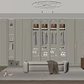 Elegant Modern Walk in Closet With White Cabinets Arched Glass Doors Bench And Rug