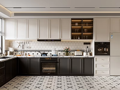 Modern Kitchen Interior With White Black Cabinets Hexagon Tile Backsplash And Appliances 3d model