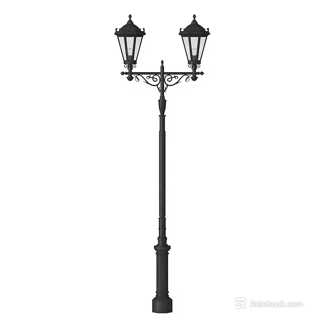 Classic Ornate Outdoor Lamp Featuring Double Lanterns And Decorative Black Post 3d model 