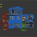 Rustic Two Story House Model With Wooden Stairs Balcony Blue Walls Windows And Doors