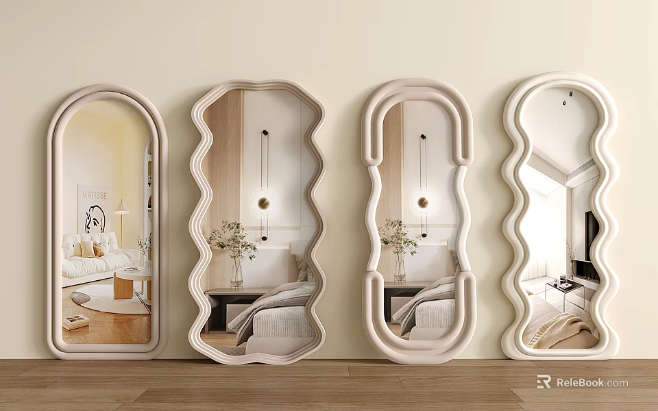 Wall Mounted Decorative Mirrors in Various Shapes Reflecting Living Room Interiors 3d model 