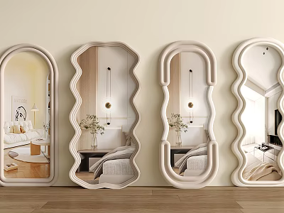 Wall Mounted Decorative Mirrors in Various Shapes Reflecting Living Room Interiors 3d model