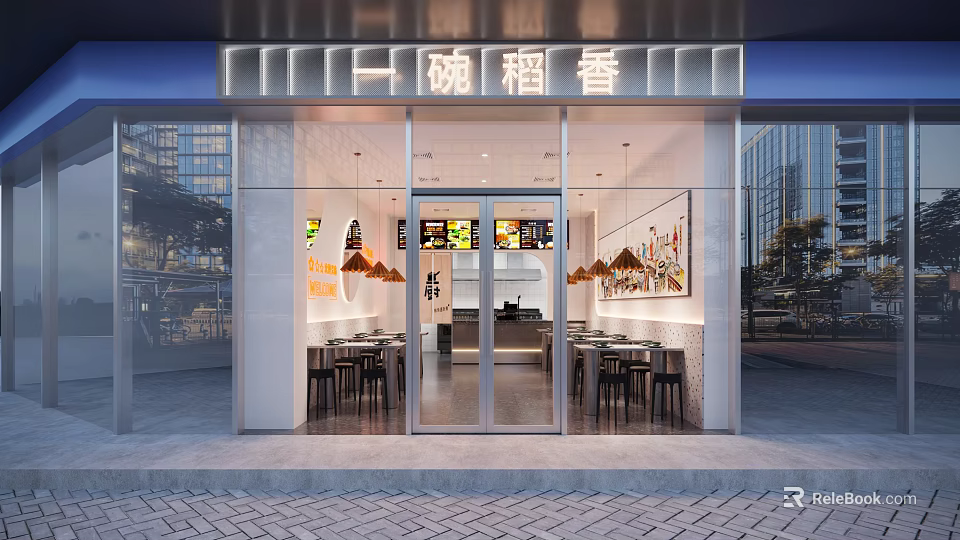 Bowl of Rice Aroma Restaurant Modern Glass Facade Interior With Tables Chairs And Pendant Lights 3d model 