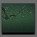 Traditional Plant Painting With Cherry Blossom Branches Red Flowers White Blossoms Green Background Divided Sections